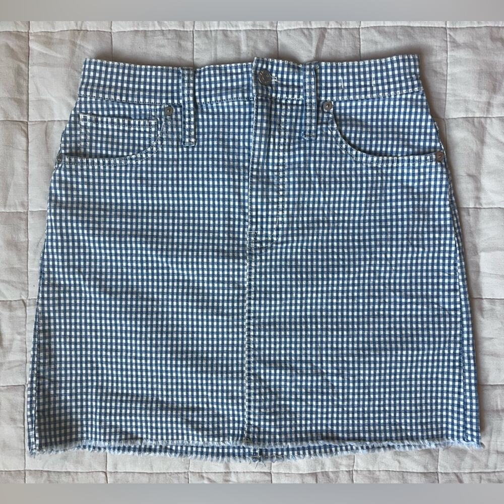 Madewell Stretch Straight Mini Skirt Blue Gingham: Raw-Hemmed Edition - 27
